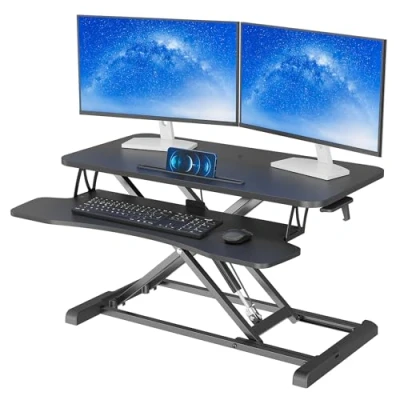 Afbeelding van BONTEC Sit Stand Desk Converter, In hoogte verstelbaar Dual Tiered Computer Workstation, Zittende Converter met Platform, Ergonomische X Frame Riser voor PC Computer, Toetsenbord, Laptop tot 15kg