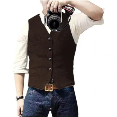 Afbeelding van Solovedress Casual wollen vest met visgraatpatroon voor onder pak, v hals, tweedvest bruiloft, groomsmen, koffie, L