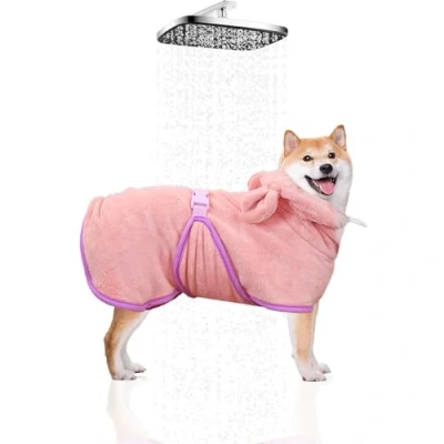 Afbeelding van WUFANC Hondenbadjas voor huisdieren, kleding honden en katten, met capuchon, handdoek honden, zeer absorberend sneldrogend, zacht, roze, vijf maten (M)