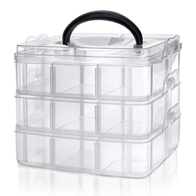Afbeelding van 3 Laags Helder Transparant Plastic Stapelbare Opslag Doos Aanpasbare Compartiment Vakken Maximaal 18 Compartimenten Container Voor het Opslaan van Speelgoed, Juwelen, Kralen, Kunst en Hobby.