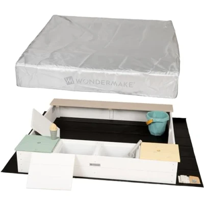 Afbeelding van needs&amp;wants® Kinderzandbak met deksel afdekking OXFORD 420D, Buddelkist bank en bevloering gronddoek, Rechthoekig vierkante houten zandbak, incl. zitjes, Zandbox tuinspeelgoed voor buiten, 120x120 cm, Hout, Wit Grijs