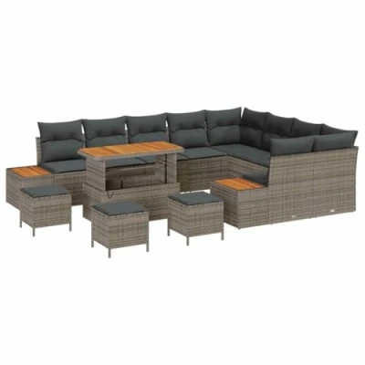 Afbeelding van vidaXL 13 delige tuinset met kussens in grijs poly rattan en acacia