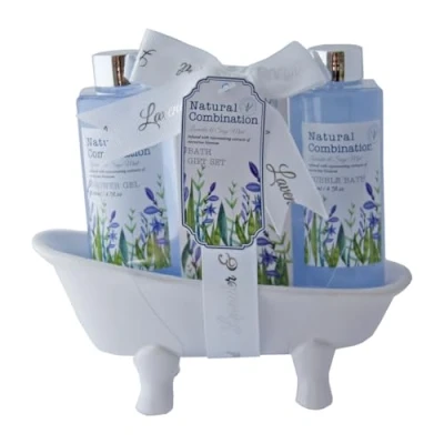 Afbeelding van Accentra Badset lavendel in keramische badkuip, incl. 140ml douchegel, schuimbad, 50g badzout, geur: &amp; salie paars/wit