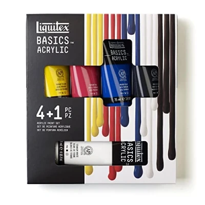 Afbeelding van Liquitex 3699406 Basics enkelvoudig pigmenteerde acrylverf, kunstenaarspigmenten, lichtecht, medium viscositeit, goede kwaliteit, satijn finish Set 4x75ml &amp; Titanium White 118ml,