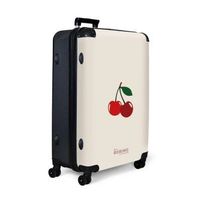 Afbeelding van NoBoringSuitcases.com® Koffer groot Reiskoffer lichtgewicht Kers op beige achtergrond Rolkoffer met 4 wielen Grote trolley XL 98 liter bagage
