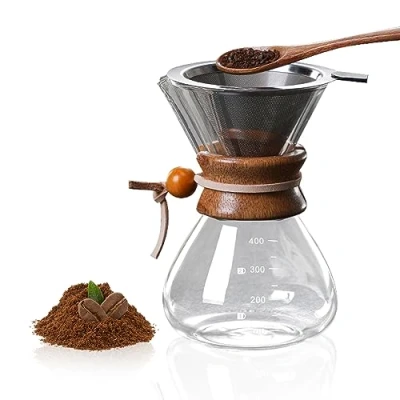 Afbeelding van Pour Over koffiezetapparaat, 400 ml, koffiefilter, roestvrij staal, handfilter, handkoffiefilter van glas met permanent filter, koffieaccessoires voor 1 2 kopjes