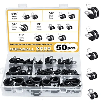Afbeelding van HSEAMALL Roestvrijstalen rubberen P clips, slangklemmen, 5 maten, metalen draadkabelklemset (50 stuks)