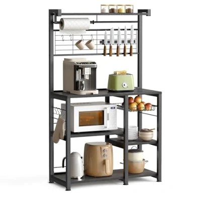 Afbeelding van VASAGLE Keukenrek, staand rek, werkblad keuken, keukeneiland met magneetstrip voor messen, draadmand, keukenrolhouder, 12 haken, ebbenhoutkleuren zwart KKS026B42