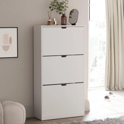 Afbeelding van Vida Designs Schoenenkast met 3 laden, ruimtebesparende schoenopbergkast klapladen, hal en woonkamermeubels 100% FSC gecertificeerd (wit)