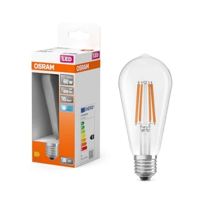 Afbeelding van OSRAM LED Star Globe lamp in klassieke Edison koelvorm, 6,5 W/806 lm, 4000 K voor koud licht, CRI 80, helder lichtvrij, glas, E27 fitting, IP20, EEK E, 64 mm diameter.