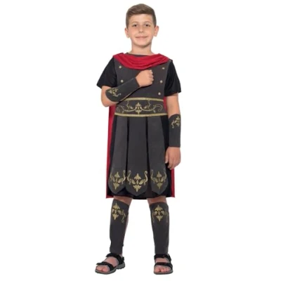 Afbeelding van Smiffys Romeins soldaatenkostuum, zwart, met tuniek, vaste cape, arm en beenwarmers