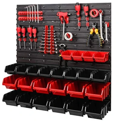 Afbeelding van Opslagsysteem 772 x 780 mm Wandrek met stapelboxen 42 stuks Rood gereedschapshouder + rood/zwarte dozen