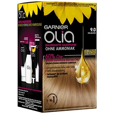 Afbeelding van Garnier Olia permanente haarverf zonder ammoniak, met voedende en natuurlijke oliën, volledige grijshaardekking, kleuring, nr. 9.0 lichtblond, 3 x 1 stuks