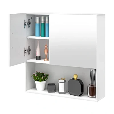 Afbeelding van EUGAD Badkamerkast met spiegel, spiegelkast deur, metalen scharnieren, kast 5 vakken, 2 verstelbare scheidingswanden, hangkast van E1 MDF, wit, 54 x 55 15 cm