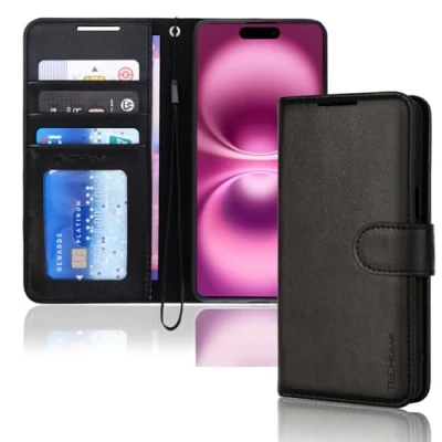 Afbeelding van TECHGEAR iPhone 16 Lederen Wallet Case, Beschermende Flip Case Cover met [RFID BLOCKING] Portemonnee Kaarthouder, Stand en Polsband Zwart PU Leer Magnetische Sluiting voor 6.1 inch