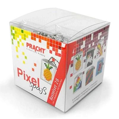 Afbeelding van Pixel P90066 63501 Leuke knutselset 28 voor kinderen, eenvoudig insteeksysteem met steentjes van bioplastic het ontwerpen 6 sleutelhangers (medaillons), zonder strijken en lijmen