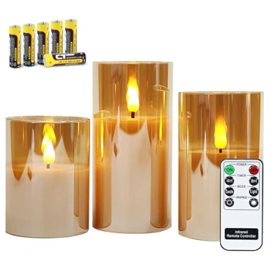 Afbeelding van Rhytsing Gouden vlamloze kaarsen in glas, 3 glazen windlichten met afstandsbediening en timerfunctie, warm wit licht batterijen inbegrepen