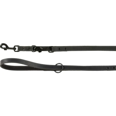 Afbeelding van Flamingo Montana trainingslijn van zwart leer voor honden, 200 cm x 20 mm, met klinknagels en karabijnhaak, glanzend,