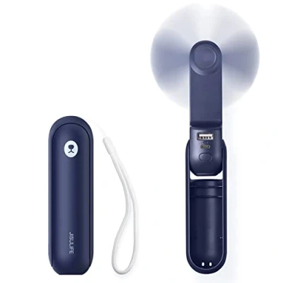 Afbeelding van JISULIFE Zakventilator, mini handventilator, draagbaar, met USB oplaadbare batterijen [14 21 uur], opvouwbare en stille persoonlijke ventilator externe batterij, zaklamp, blauw