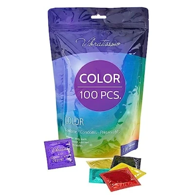 Afbeelding van VIBRATISSIMO Color condooms 100 pack I authentiek gevoel &amp; extra vochtig voor mannen Kleurrijke Kleurrijk condoompakket in rood, zwart, groen, geel, goud