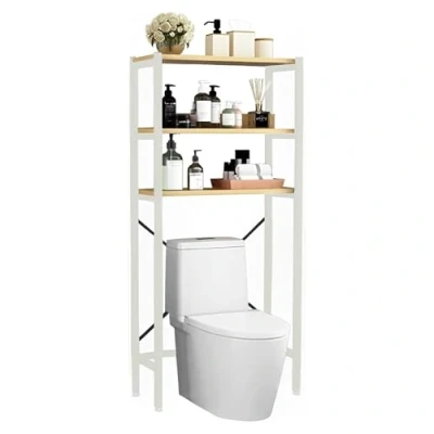 Afbeelding van Bovenste Toiletrek. 3 laags Ruimtebesparende Opbergrekken. Badkamer Organizer Plank Boven Toilet of Wasmachine. Hout E1 en Staal.