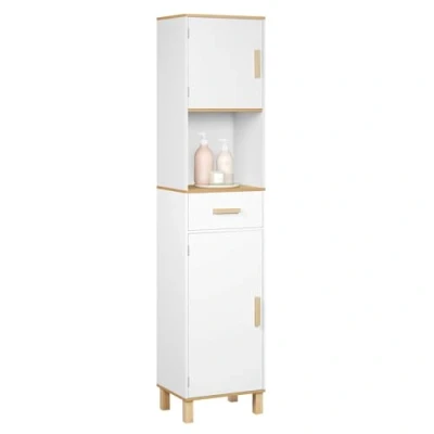 Afbeelding van EUGAD Badkamerkast, hoge kast, badkamerkast met 5 vakken, 1 lade, witte commode in de badkamer, kast verstelbare scheidingswanden, wit, 40 x 180 30 cm