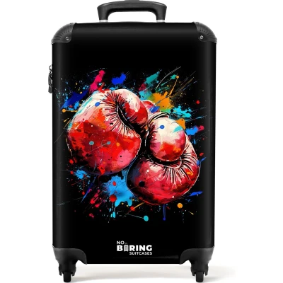 Afbeelding van NoBoringSuitcases.com® Handbagage koffer lichtgewicht Reiskoffer trolley Rode bokshandschoenen met verf Rolkoffer wieltjes Past binnen 55x40x20 en 55x35x25
