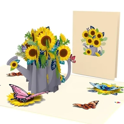 Afbeelding van LIMAH® Pop Up bloemenkaart, zonnebloemen/voor vrouw, man als verjaardagskaart, bedankkaart of voor beterschap/gieter met zonnebloemen en 3D vlinders