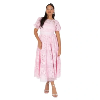 Afbeelding van Maya Deluxe Dames Midaxi Jurk Bloemen Kant Ronde Hals Korte Pofmouwen Lace up Back A lijn Bruiloft Gast Prom Gelegenheid, roze, 38