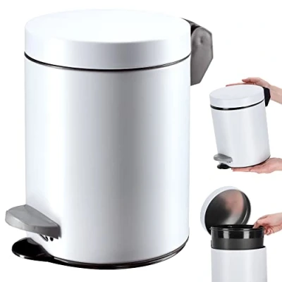 Afbeelding van KADAX Pedaalemmer, vuilnisemmer met inhoud, stalen cosmetica emmer, ronde afvalemmer, elegante emmer voor badkamer en keuken, pedaalemmer schommeldeksel, 5 l, wit