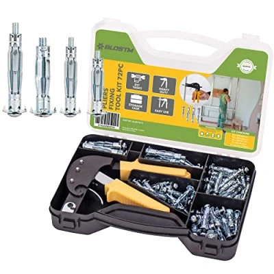 Afbeelding van BLOSTM 72 stuks holle muurbevestigingen Heavy Duty gipsplaatbevestigingen en wandanker instellingsgereedschap klinknagel pistool set met draagtas gips instapbevestigingen ankers