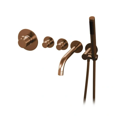 Afbeelding van Brauer Copper Edition Badkraan Inbouw douchegarnituur 20cm uitloop inbouwdeel 3 gladde knoppen handdouche staaf 1 stand PVD geborsteld