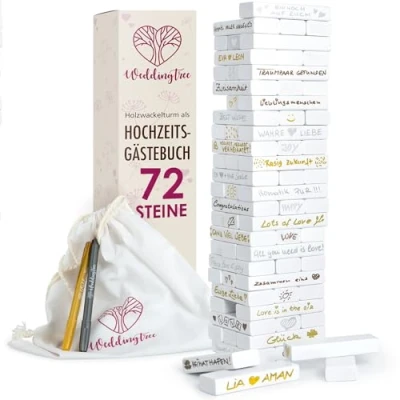 Afbeelding van WeddingTree Houten toren als gastenboek bruiloft wit met 72 stenen, opbergzak en 3 metallic markers bruiloftsspel alternatief voor ideeën