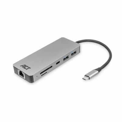 Afbeelding van ACT AC7092 7 in 1 USB C 4K Docking Station HDMI Monitor Ethernet A Cardreader PD pass through Zilver