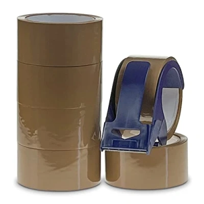 Afbeelding van bruine verpakkingstape 6 rollen verpakking met tapedispenser 48 mm x 50 m pakkettape Verpakkingsdozen voor verhuizing Sluit gemakkelijk uw pakketten af