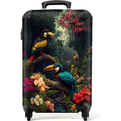 Afbeelding van NoBoringSuitcases.com koffer Vogel Bloemen Planten Jungle Reiskoffer Trolley op wieltjes TSA slot Kofferslot Past binnen 55x40x20 cm en 55x35x25 Koffertje Handbagage Hardcase Lichtgewicht