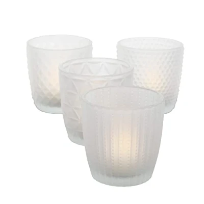 Afbeelding van Boltze Marilu 2001879 Windlichtset, 4 delig, wit mat, decoratieve glazen voor kaarsen/theelichtjes, kaarsenstandaard ø 8 cm, verschillende patronen, vorm rond, theelichthouder)