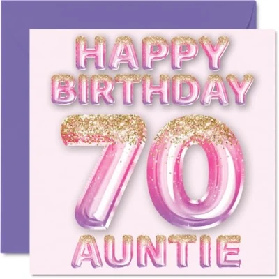 Afbeelding van 70e verjaardagskaart voor tante roze en paarse glitterballonnen gelukkige verjaardagskaarten 70 jarige van neef nichtje, 145 mm x cadeau