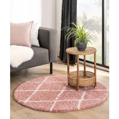 Afbeelding van Rond Hoogpolig Vloerkleed Ruiten Habitat Roze/wit 120 Cm