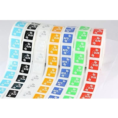 Afbeelding van 14 x NFC tags NXP chip NTAG213 144 bytes geheugen 7 kleuren vierkante zelfklevende etiketten hoge scansterkte met ultraslank ontwerp