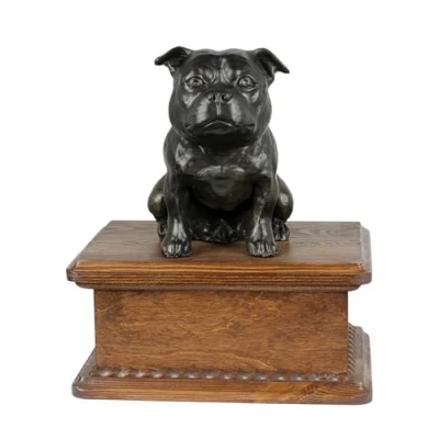 Afbeelding van Art Dog Urn voor hondenas Handgemaakt gedenkteken met koudgegoten bronzen beeld huisdierherdenkingsurn de naam 8,3x11,4x4,3 Staffordshire bulterriër