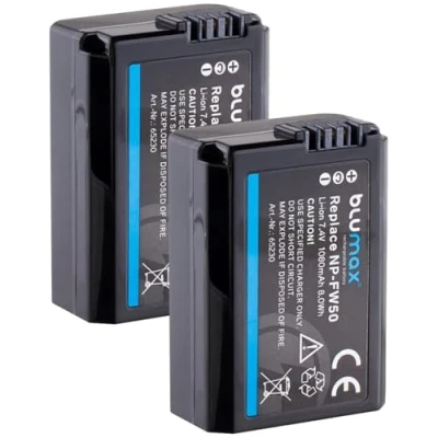 Afbeelding van 2 x Blumax accu NP FW50 1080 mAh vervangt Sony, Alpha, ZV E10, 7, 7 III, 7II, 7rm2, 7rii, 5000, 5100, 6000, 6300, 6400, 6500, NEX 3, 5, 6, A33, A35, A37, A555. A300. 0 stuks