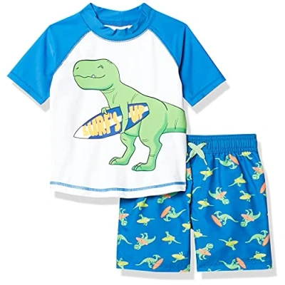 Afbeelding van Simple Joys by Carter&#039;s Badpak voor peuters en babyjongens met zwembroek rashguard set, Blauw Witte Dinosaur, 12 maanden
