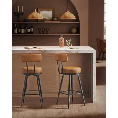 Afbeelding van VASAGLE EKHO Collectie Barkruk set van 2, draaibare barstoel met rugleuning, kunstleer, stiksels, moderne stijl uit het midden de eeuw, 65 cm hoog, keuken, thuisbar, karamelbruin LBC089K01