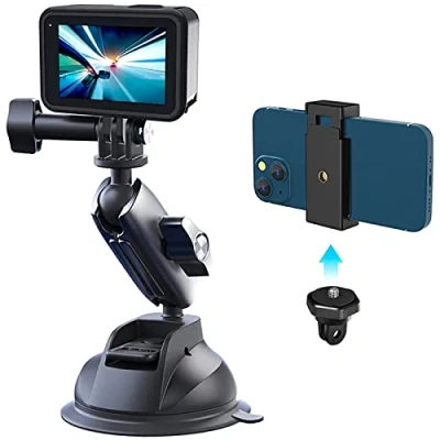 Afbeelding van REYGEAK Aluminiumlegering zuignap autohouder met telefoonhouder 1/4 draad, 360 rotatie voorruit dashboard voor GoPro Hero 11 10 9 8 7 Insta360 X3 DJI Action Accessoires
