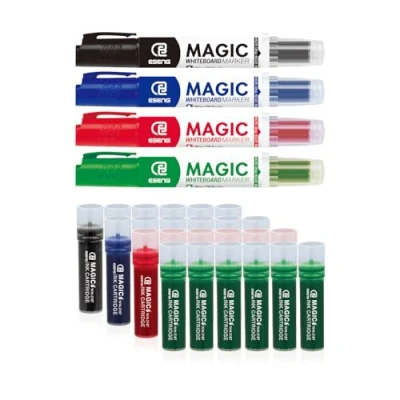 Afbeelding van ESENG® Whiteboard Marker 28 stuks Set, Magic WM 218 1x4 + 4x6 Patroon (Zwart x6/Blauw x6/Rood x6/Groen x6)