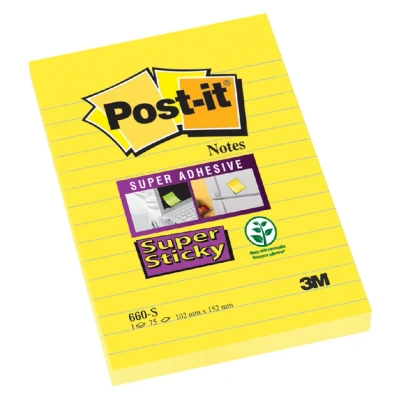 Afbeelding van Post it® Super Sticky Notes, Geel, Gelijnd, 102mm x 152 mm, 1 blok, Individueel Verpakt, 75 Blaadjes/Blok