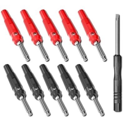 Afbeelding van Cleqee 4 mm hoge stroom audio banaanstekkers stapelbaar 32A schroeftype soldeerloze luidspreker banaanconnector zware adapter (rood/zwart, verpakking van 10 stuks)