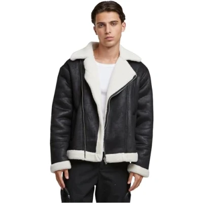 Afbeelding van Urban Classics Shearling bikerjack voor heren, warme motorjas kraag van imitatiebont en manchetten, regular fit, maten S 5XL, zwart/wit zand, M