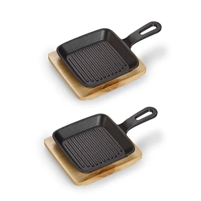 Afbeelding van ECHTWERK Serveerpan van gietijzer, vierkante ovenschaal met serveerplank, grillstrepen, al ingebrand, geschikt voor oven, barbecue, barbecue en inductie, ideaal het serveren, 2 delig